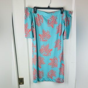 Escapada Aqua and Coral Midi Off Shoulder Dress
